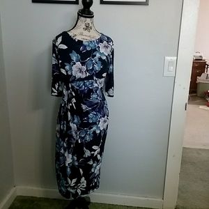 CONNECTED APPAREL EUC Spring Shades of Blue Flowers Faux Wrap Dress Size 12
